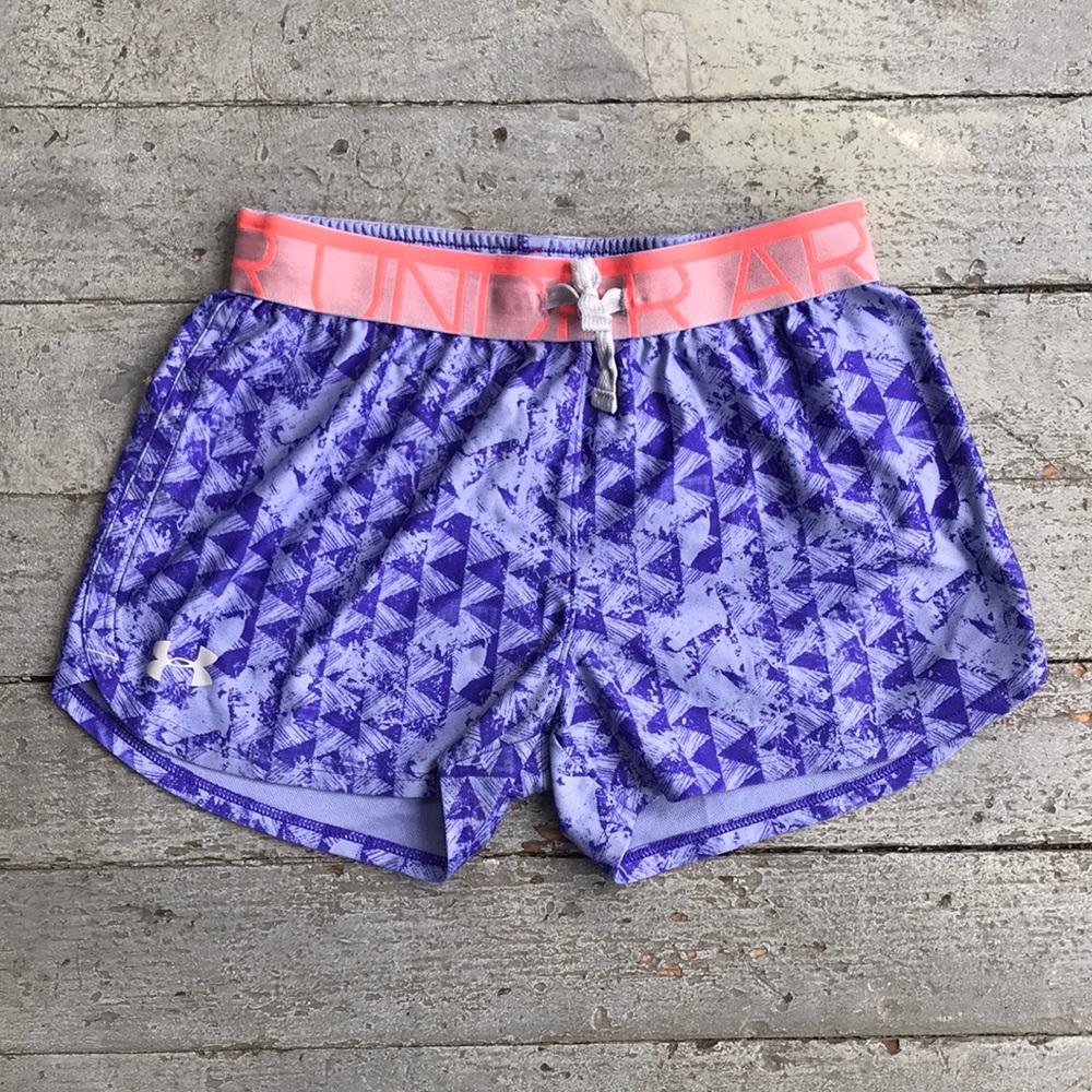 UnderArmour heat gear running shorts, purple geometric design, youth medium